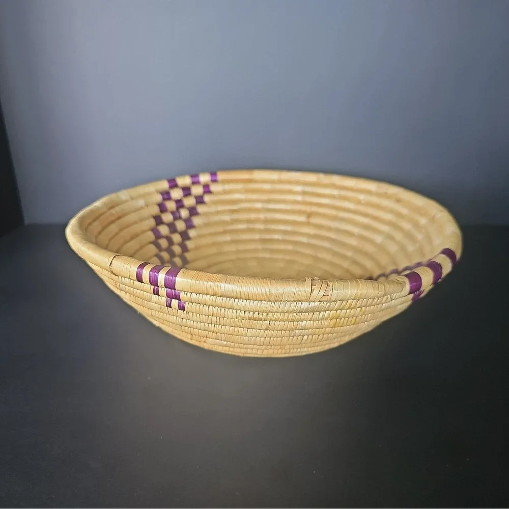 Hand Made Straw Coil Basket African or Native American- Purple Accent 9.5